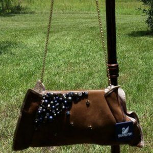 Swarovski Crystal & Faux Tahitian Pearl Embellished Suede Taupe Leather Bag